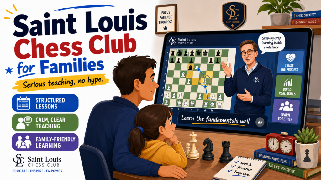 The Saint Louis Chess Club has a large YouTube library with lessons from strong players and coaches. The club says its channel shares lectures from top players and resident grandmasters, with content ranging from kids and adult beginner classes to advanced grandmaster analysis.