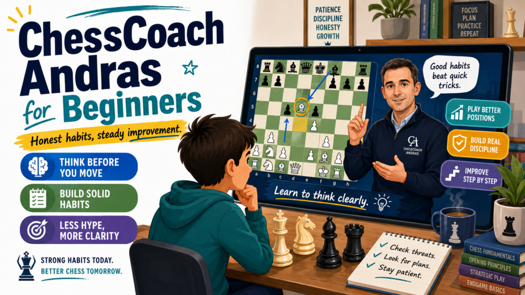ChessCoach Andras describes the channel as “No Nonsense Chess education” with a focus on players from lower-rated club level to much stronger players. The channel also has improvement-based content, including videos on study plans, common mistakes, game review, and how club players think.