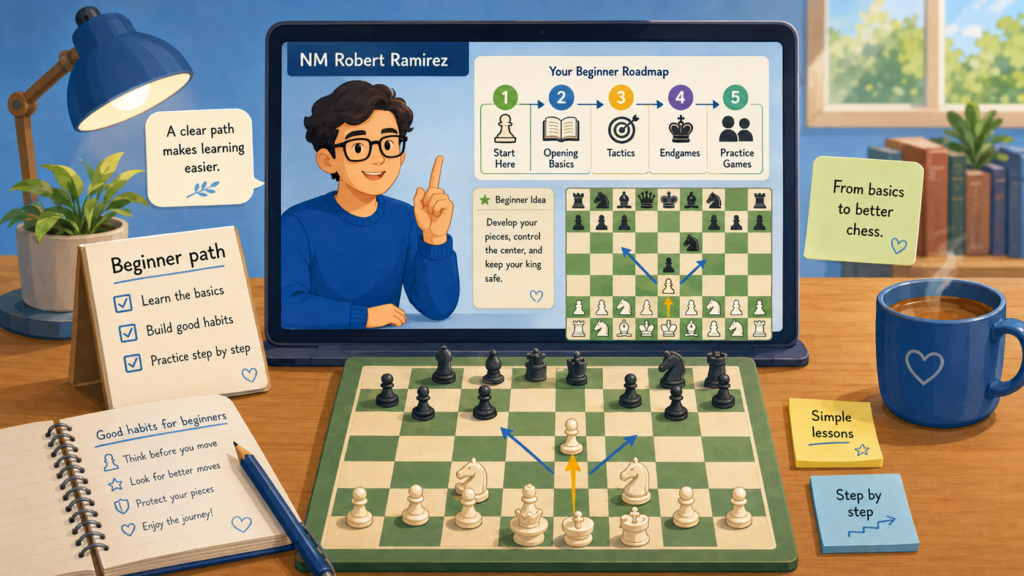 His channel says it was created to teach chess from beginner to master level “the right way,” and his beginner playlist starts with the board, the pieces, how pieces move, check, checkmate, practice games, special moves, piece values, notation, board vision, tactics, and basic checkmates.