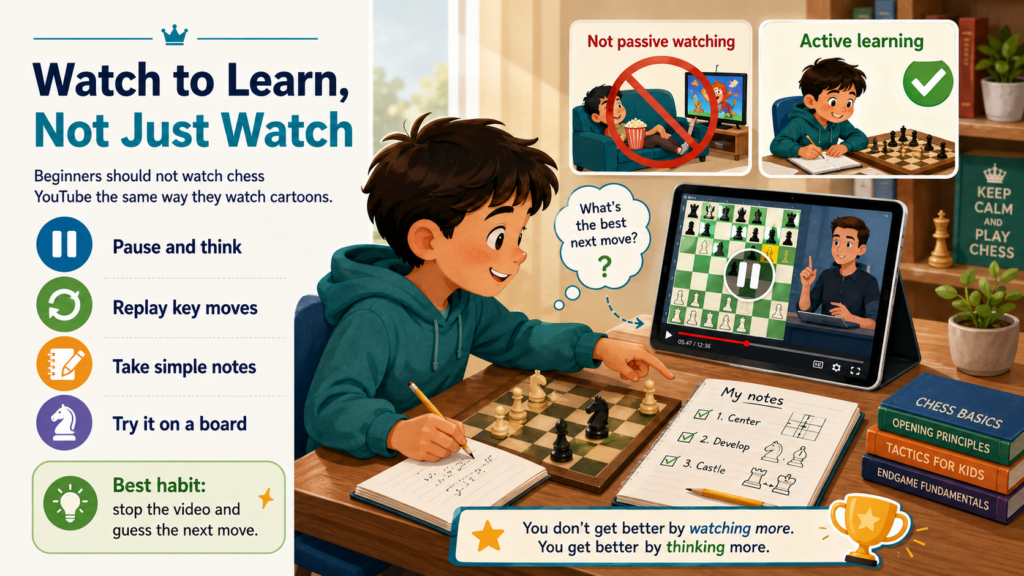 This is one of the biggest mistakes parents and students make. They think watching more chess videos means learning more chess. It sounds true, but it is not always true. A child can watch chess for hours and still make the same mistakes in every game.