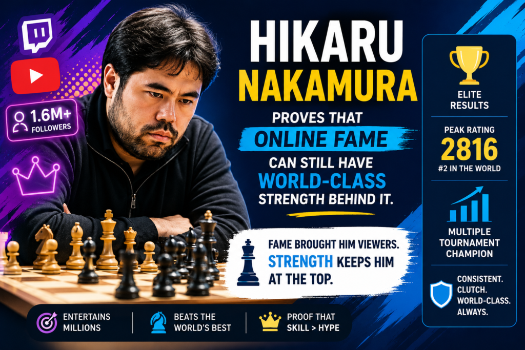 Hikaru Nakamura is one of the most popular chess players in the world because he understands the modern chess fan. He plays fast. He explains while playing. He reacts in real time. He can make a hard position feel like a fun puzzle.