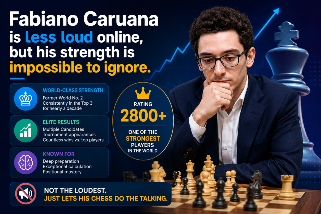 Fabiano Caruana is a perfect example of why popularity does not always match pure strength. He is famous in serious chess circles, but he is not as loud online as some other names. He is calm, thoughtful, and deeply respected. 