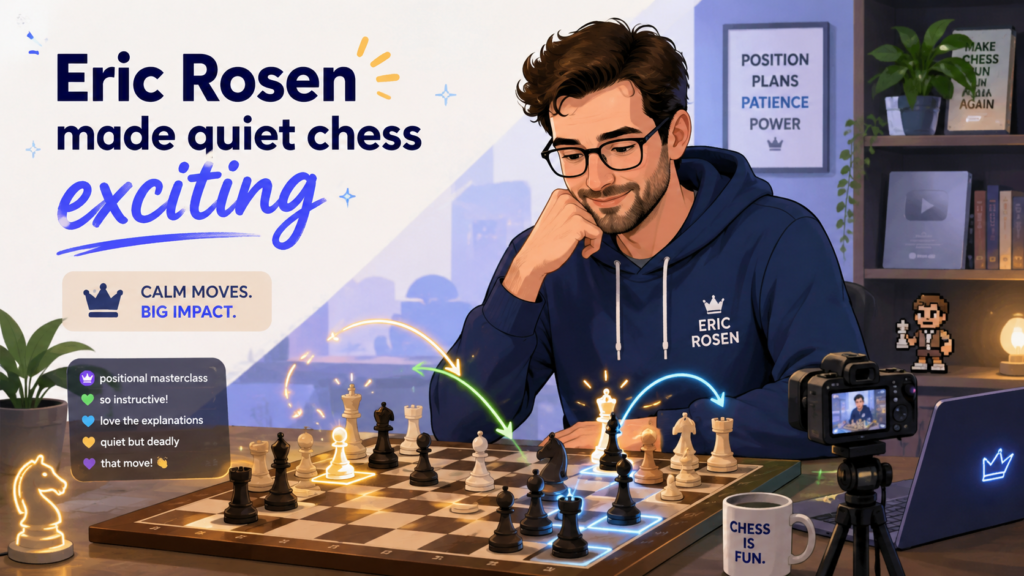 Eric Rosen is not the loudest chess creator, and that is part of his charm. His style is calm, friendly, and often very instructive. He can make a tricky trap feel simple. He can show a quiet endgame idea without making it dry. Many fans like him because his videos feel peaceful, but still full of chess value.