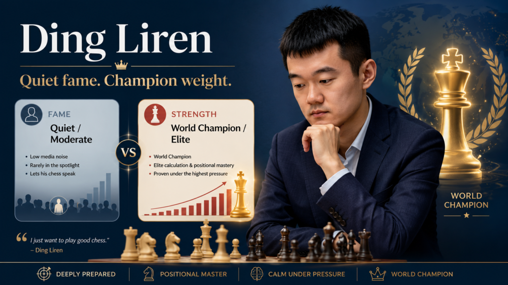 Ding Liren is not the loudest name in chess media, but his fame is deep because he reached the highest title in the game. For a time, he was the player every serious fan had to talk about because he became world champion and carried a huge amount of pressure with quiet grace.
