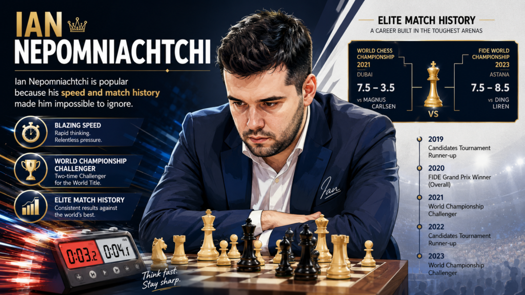 Ian Nepomniachtchi, often called Nepo, is one of the most famous modern chess players because he has been close to the world title more than once. Chess.com describes him as a Russian super grandmaster and a two-time FIDE World Championship finalist in 2021 and 2023.