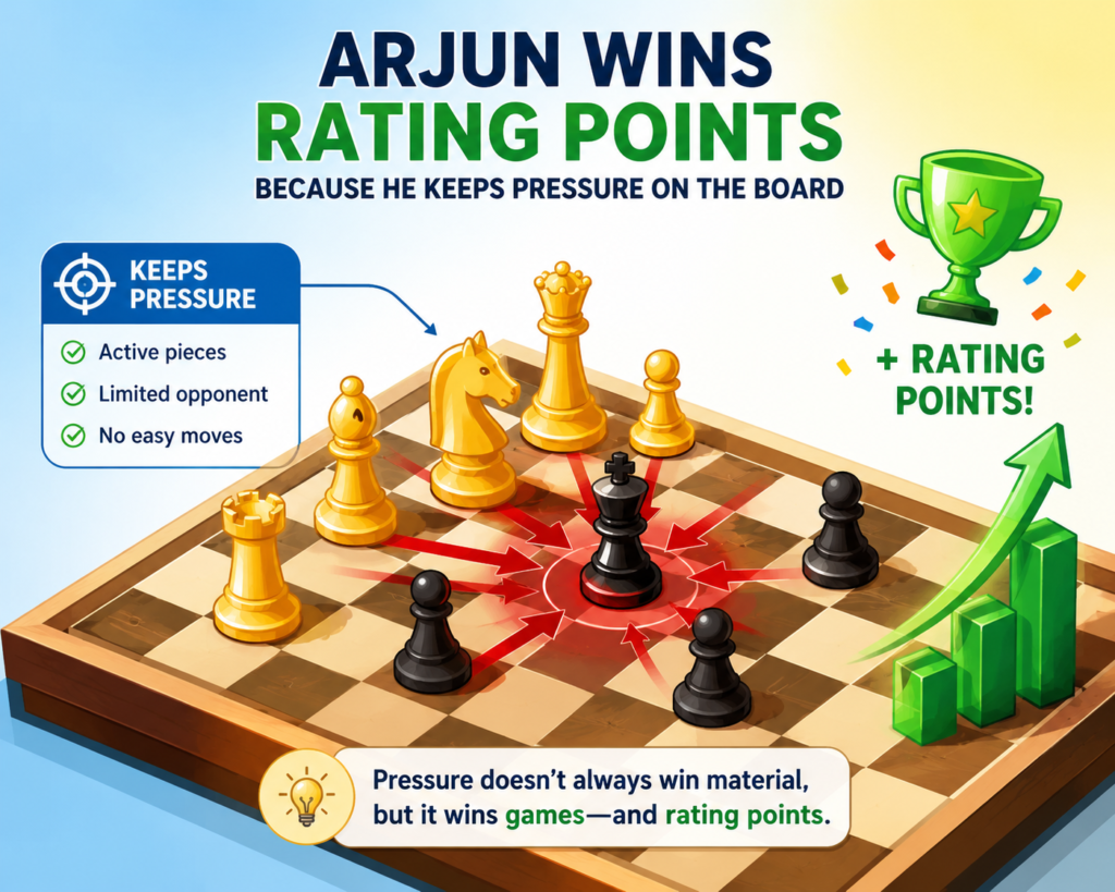 Many young players think chess is won only by big attacks. They dream of sacrifices, queen checks, and fast mates. Those things are fun, but high-level chess is often won in a quieter way. Arjun is so strong because he knows how to keep pressure alive even when there is no direct attack.