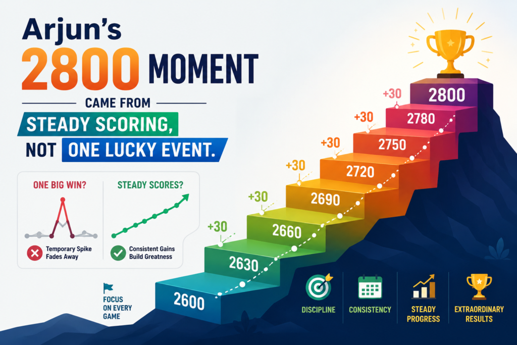 Crossing 2800 is one of the hardest things in chess. FIDE reported that Arjun crossed the 2800 Elo mark on the December 2024 rating list, becoming one of the very few players in history to reach that level. Chess.com also reported that he was rated 2801 and ranked world number four on that list.