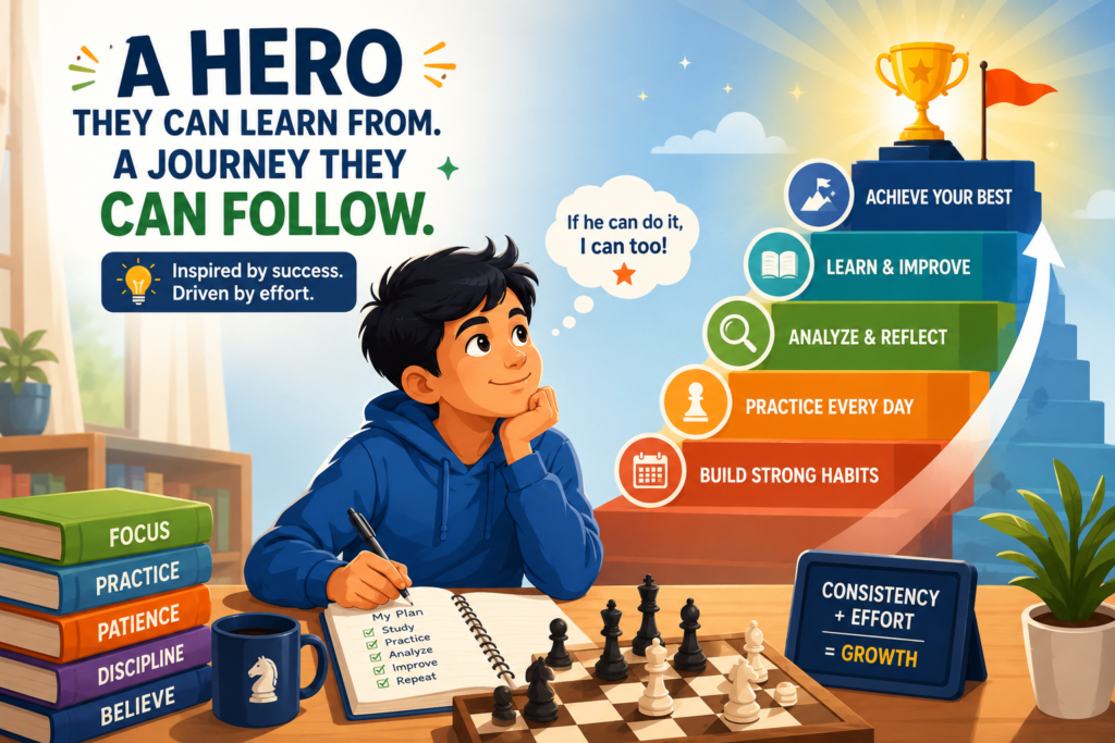 For many years, Viswanathan Anand was the great Indian chess hero. Now India has a whole new wave of stars, and Arjun is one of the brightest names in that group. His 2800 rating, his Olympiad gold, and his rise among the world’s best players show young Indian players that the path is real.