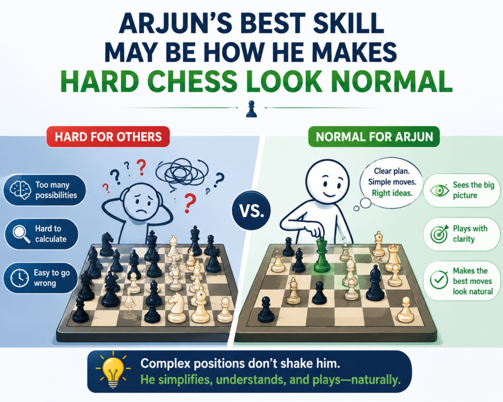 Arjun Erigaisi can play sharp chess, but his deeper strength is how normal his strong moves often look. He does not always need a move that makes people gasp. Many times, he just improves the board in a clean way. Then, after ten moves, the opponent’s position starts to feel heavy. That is a mark of a very mature player.