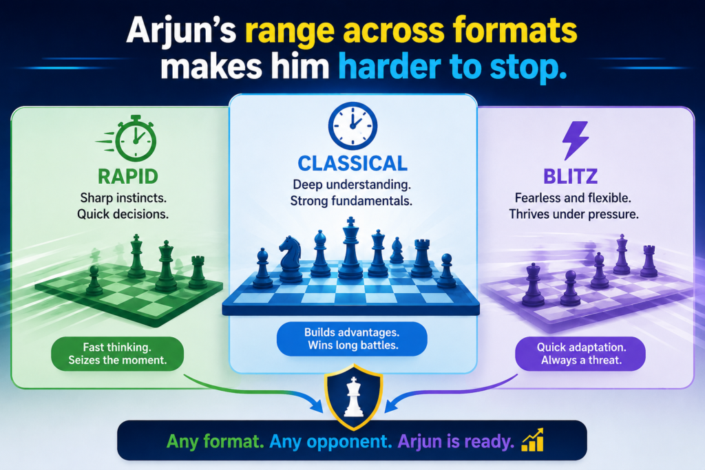 A player who is strong in only one format can still be excellent, but a player who performs well across formats becomes harder to read. Classical chess tests deep thinking. Rapid chess tests quick judgment. Blitz tests pattern memory, nerve, and practical choices.