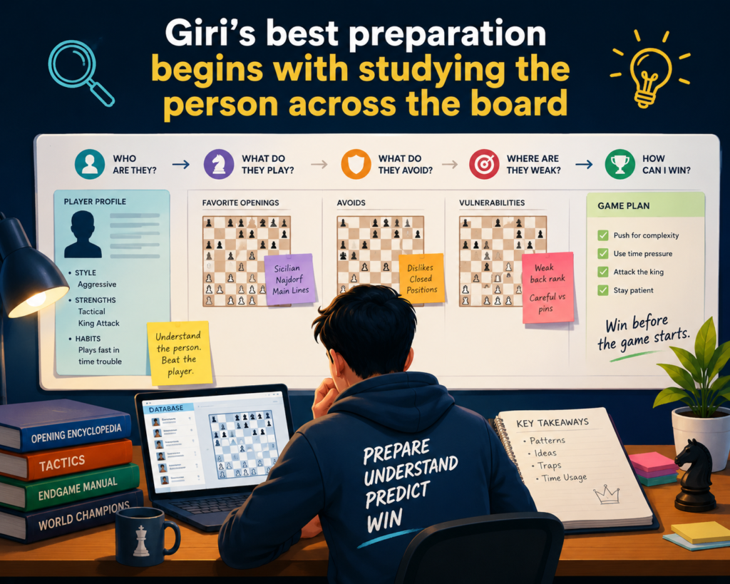 Anish Giri does not prepare only for “White” or “Black.” He prepares for a person. That is a major difference. A chess game is not played against pieces. It is played against a mind. Every player has habits. Some players love sharp attacks.