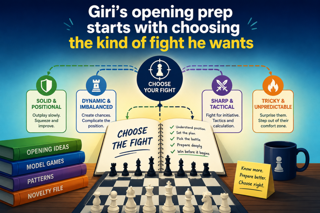 Anish Giri’s opening work is not random. He is not just trying to remember more moves than the other player. He is trying to reach a position where he knows the plans better, feels safer, and can ask the opponent hard questions.