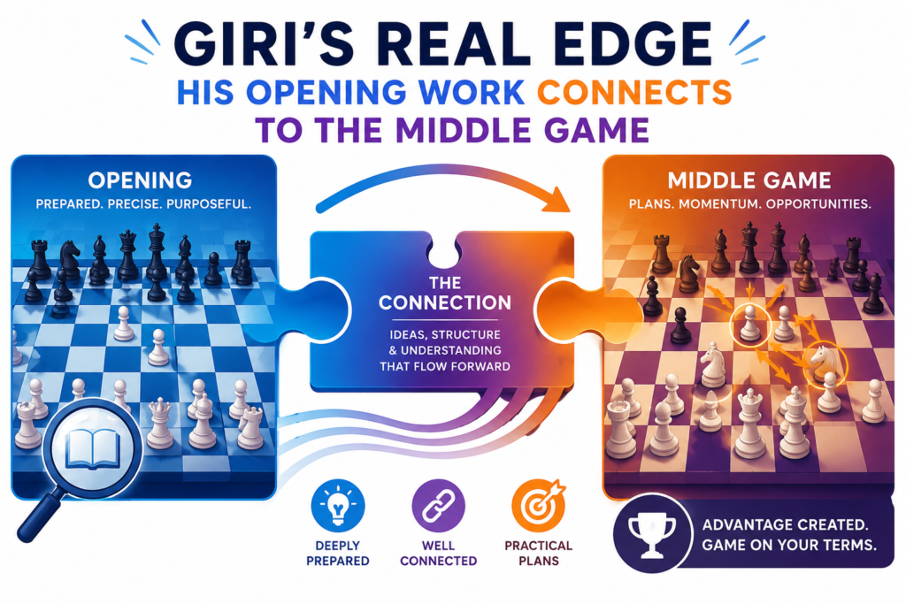 Many young players treat the opening like a separate subject. They learn the first few moves, feel proud, and then freeze when the book moves end. This is a common problem. The child says, “I knew the opening,” but the game still falls apart because they did not know what to do next.