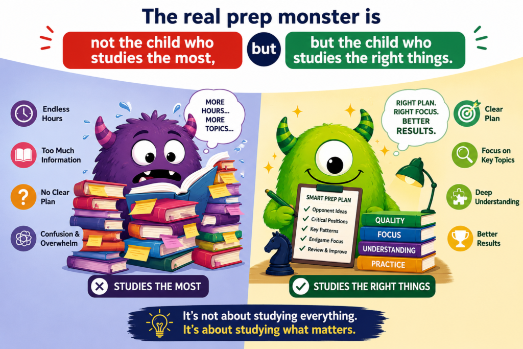 A child does not need to study chess all day to improve. In fact, too much random study can confuse them. One video says this. Another video says that. One opening looks fun today. Another opening looks better tomorrow. Soon the child has many half-ideas and no clear system.