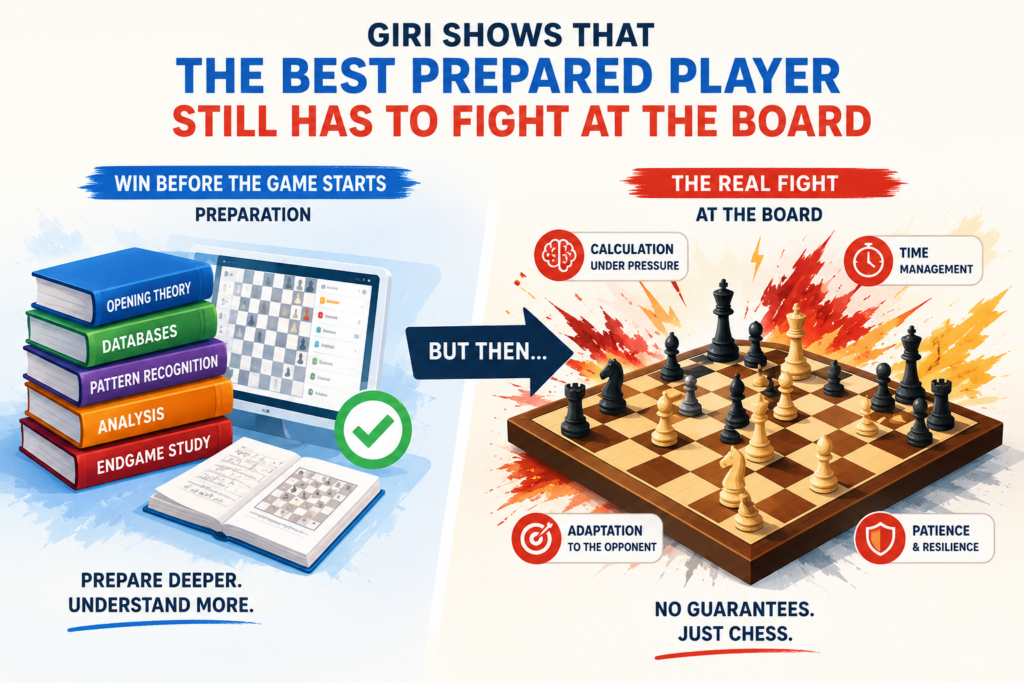 There is one important truth every student must understand. Preparation helps, but it does not play the whole game for you. Even Anish Giri, with all his opening work, still has to solve problems at the board. He still has to calculate. He still has to handle pressure. He still has to make choices when the game becomes new.