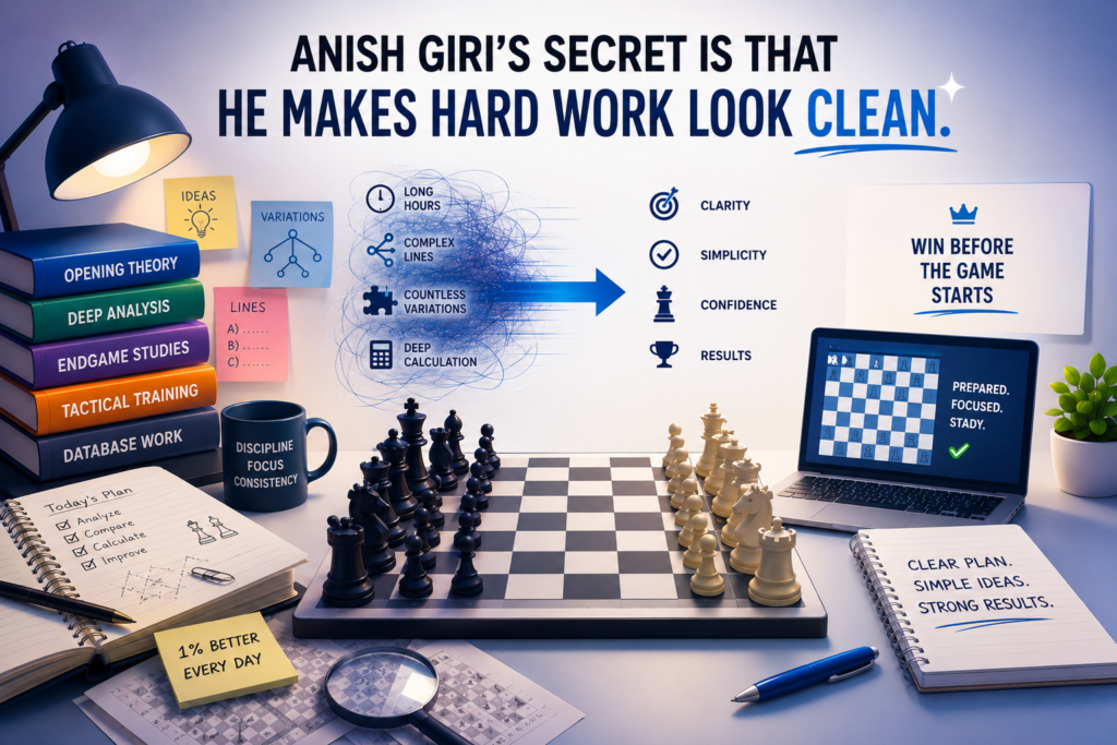 When people watch a top player like Anish Giri, they may think the moves are easy for him. The game can look smooth. The pieces go to good squares. The opponent gets squeezed. The ending becomes better. The win feels natural.