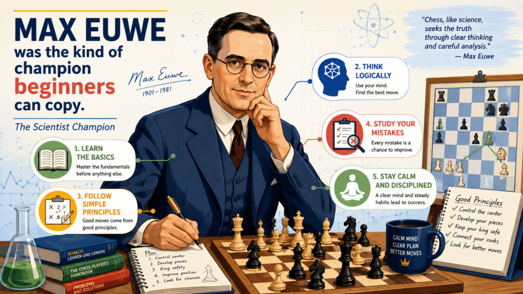 Max Euwe is a great chess hero for beginners because his strength did not look like magic. Some champions feel far away from normal students. They seem too fast, too sharp, or too gifted to copy. Euwe was different. 
