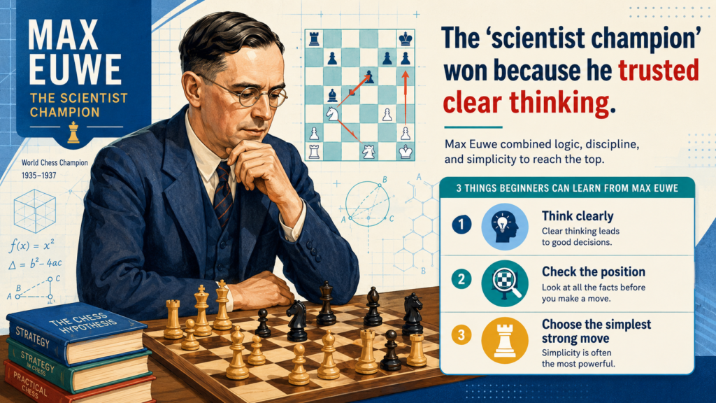 Euwe is often called the scientist champion because he used a clean, logical way to play. This does not mean he played boring chess. It means he looked for truth on the board. He wanted to know what was really happening. Was the king safe? Was a pawn weak? Was a piece doing a job? Was the attack real, or only a dream?