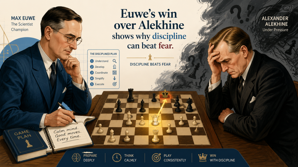 When Euwe faced Alexander Alekhine in 1935, many people saw Alekhine as the stronger and more dangerous player. Alekhine had a fierce style and was already a famous World Champion. Euwe was respected, but he was not seen by many as the favorite. 