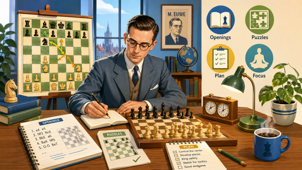 Max Euwe did not become World Champion by hoping the right moves would appear. He prepared. He studied. He treated chess like a subject that could be understood. That is one big reason beginners should study him. Many new players only play game after game. 