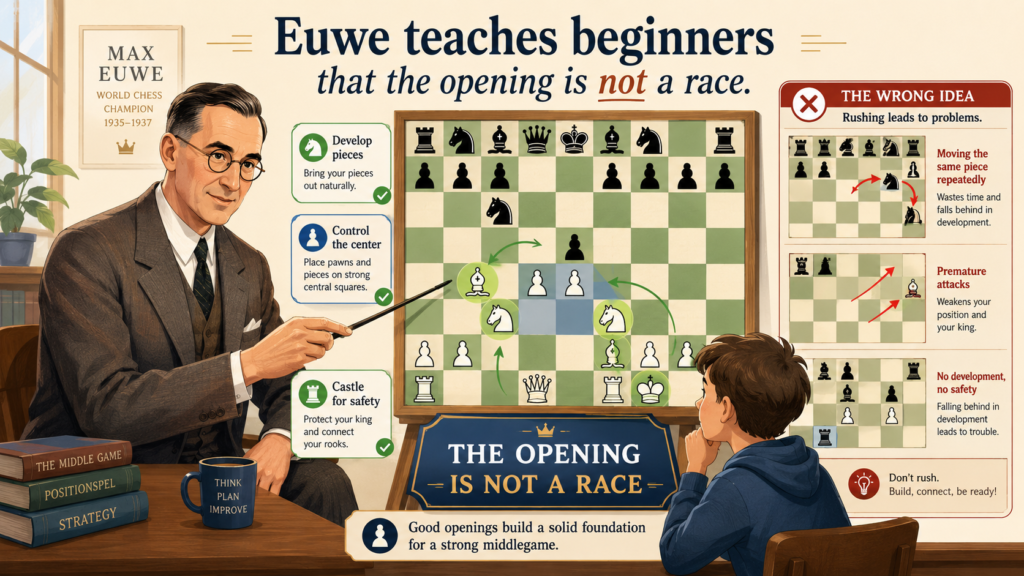 Many beginners think the opening is about playing fast and attacking as soon as possible. They bring the queen out early. They move the same piece again and again. They chase small threats while the rest of the army is still sleeping. This can work against a brand-new player, but it becomes a bad habit very quickly.