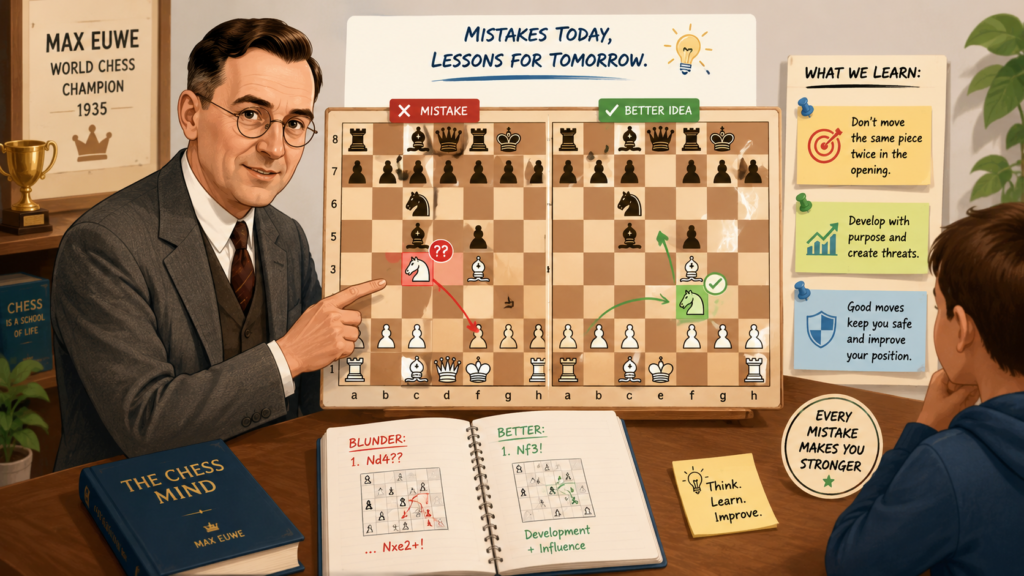 Every chess player makes mistakes. Beginners make many of them. They blunder queens, miss checkmates, forget pieces, and walk into simple traps. This can feel painful for a child, especially if they care a lot about winning. But Max Euwe’s life gives a kinder and stronger way to think about mistakes.