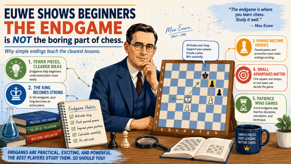 Many beginners want checkmate right away. They love fast attacks, queen tricks, and big captures. That is normal, because those moments feel exciting. But Max Euwe’s style reminds us that a chess game is not only about the first attack. 