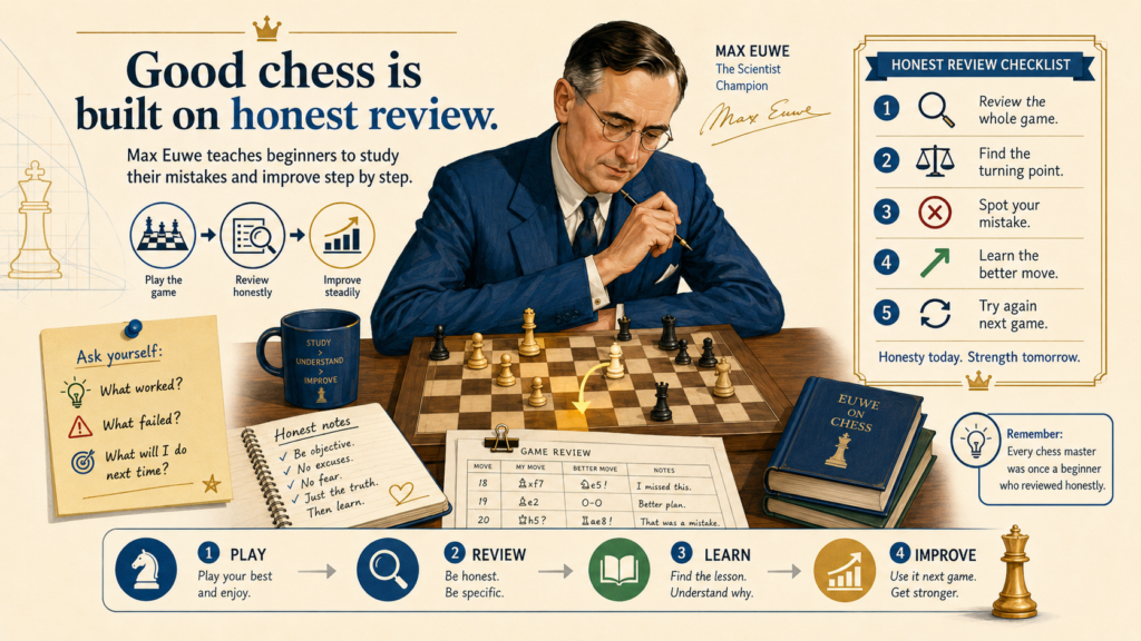 One thing beginners can learn from Max Euwe is the value of honest study. He did not treat chess like a mystery that only a few people could understand. He studied it, wrote about it, and helped explain it. 
