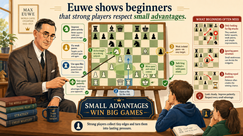 Beginners often think a winning move must be huge. They want to win a queen. They want checkmate. They want a sacrifice that makes everyone clap. But many strong games are won by small advantages. A better pawn. A safer king. A stronger knight. A rook on an open file. A bishop that controls important squares.