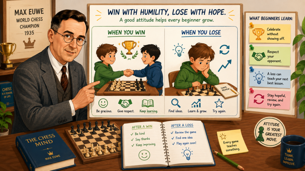Chess can bring out big feelings in children. Winning feels wonderful. Losing can hurt. Some children become too proud after a win. Some feel crushed after a loss. Max Euwe’s life gives a balanced lesson. 
