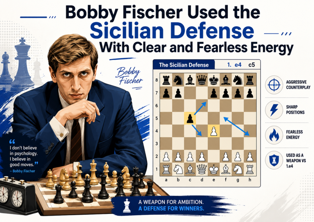 Bobby Fischer is one of the first names people think of when they talk about the Sicilian Defense. He did not play it like a quiet defense. He played it like a statement. Fischer wanted winning chances with Black, and the Sicilian gave him exactly that.