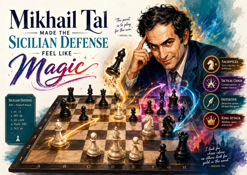 Mikhail Tal was known as the Magician from Riga, and his games still amaze chess lovers today. Tal loved attacks, sacrifices, and unclear positions where both sides had to think deeply. The Sicilian Defense suited his style because it gave him the kind of rich, sharp play he enjoyed.