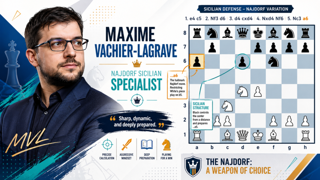 Maxime Vachier-Lagrave, often called MVL, is one of the most famous modern experts in the Najdorf Sicilian. When people talk about players who have stayed loyal to the Sicilian at the highest level, his name comes up again and again.