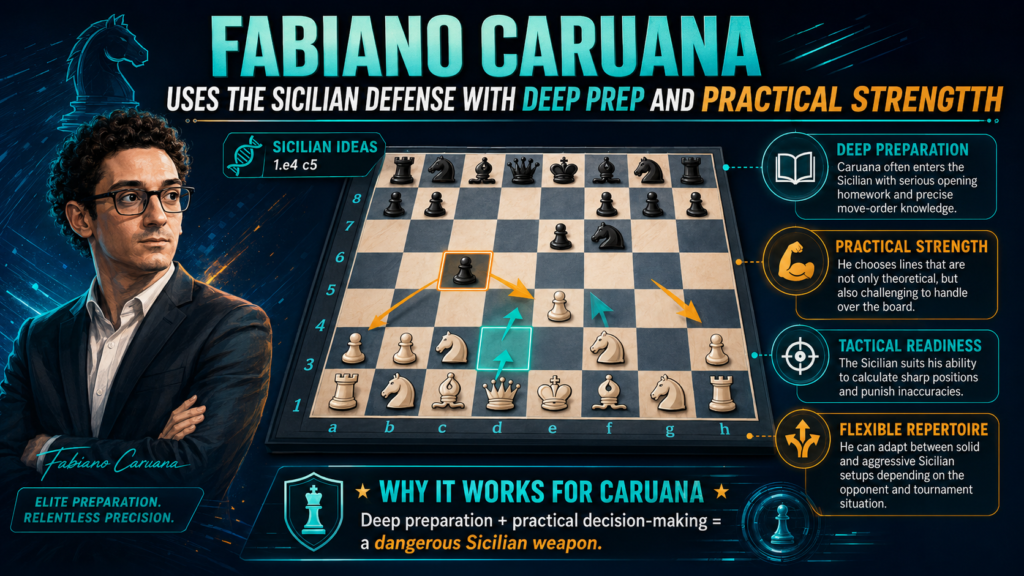 Fabiano Caruana is known for strong opening preparation and deep calculation. When he plays sharp openings, he often brings a serious level of detail. That makes him an important player to study for the Sicilian, especially for students who want to understand how preparation can shape a game.