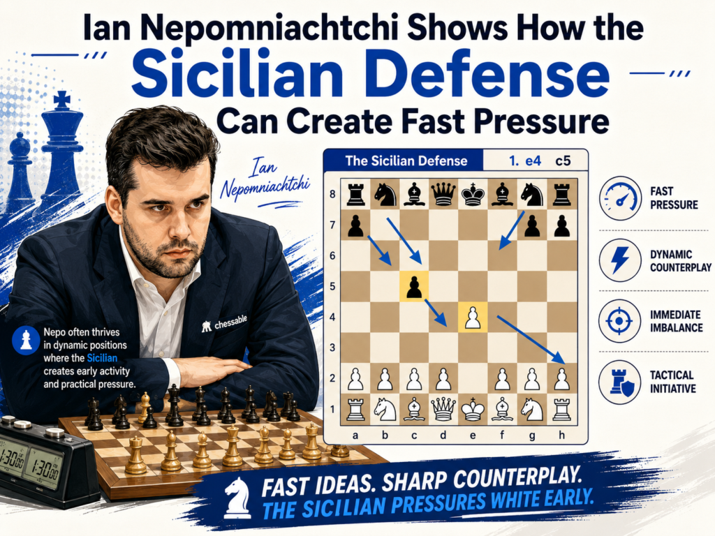 Ian Nepomniachtchi is known for quick play, sharp ideas, and strong practical pressure. His games often move with speed. He can make the opponent feel uncomfortable early, which is exactly what many Sicilian players want.