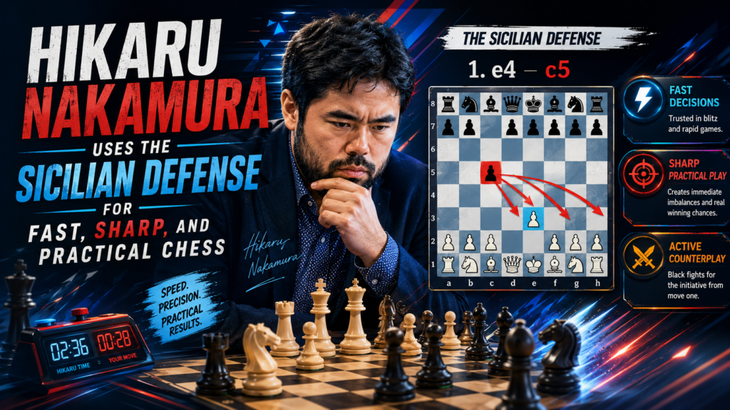 Hikaru Nakamura is one of the most dangerous players to face when the game becomes sharp. He sees tactics quickly, handles pressure well, and knows how to create problems when the clock is running. That makes his Sicilian games very useful for students who want to learn practical chess.