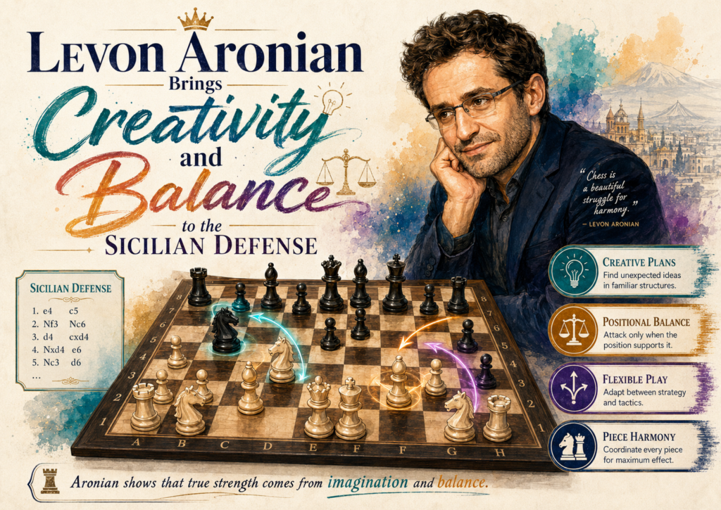 Levon Aronian is a creative player with a rich style. He can play beautiful attacking chess, but he is also very strong in quiet positions. This makes his approach to the Sicilian Defense special because he does not treat it as only a wild opening. He uses it as a flexible tool.