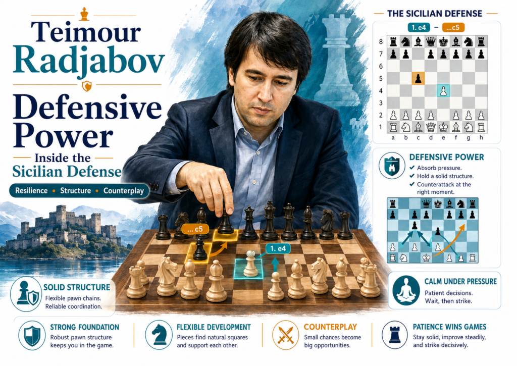 Teimour Radjabov is a strong example of a player who understands the defensive side of sharp openings. Many people think the Sicilian is only for attack, but Radjabov’s games show that it can also be a strong shield when handled with care.