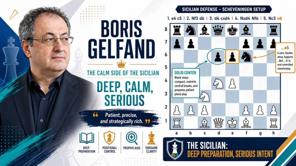 Boris Gelfand is a great player to study because his Sicilian games are full of depth. He is not the kind of player who depends only on tricks. He plays with a strong base, clear plans, and deep knowledge. His Sicilian style feels serious, patient, and very hard to break.