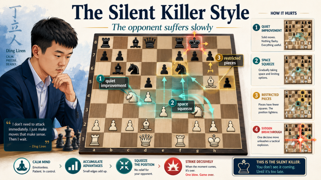 Ding’s nickname in this article, “The Silent Killer,” is not about being cruel. It is about how his chess feels. He does not always give his opponent one clear problem. He gives them many small problems. A weak pawn here. A bad bishop there. A king that cannot fully relax. A queen that must defend instead of attack.