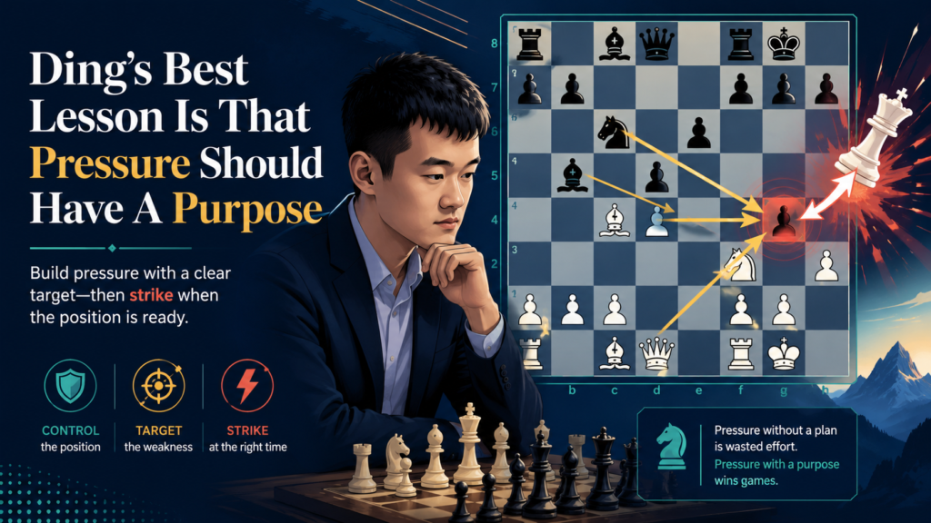 Pressure is not the same as random threats. A threat can be easy to stop. Real pressure stays on the board. It makes the other player tired. It makes every move feel a little harder. Ding Liren is so strong because his pressure usually has a clear purpose.