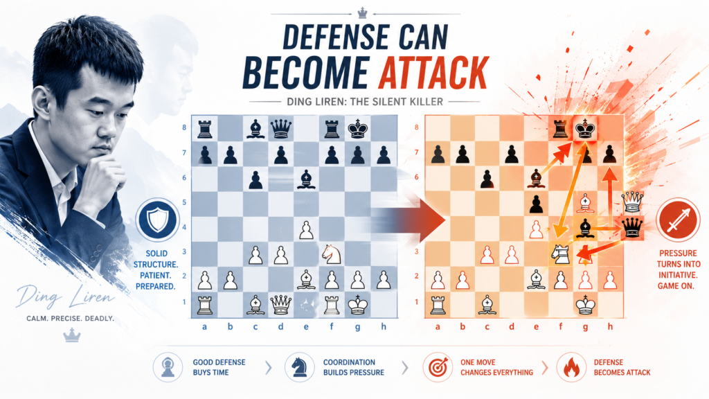 One thing that makes Ding special is that he does not treat defense like panic. Some players defend only because they are scared. Ding often defends like he is collecting energy. He holds the position, waits for the opponent to overreach, and then hits back when the board changes.