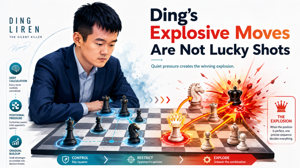 When Ding suddenly finds a sharp move, it can feel like lightning. But it is not luck. The move works because the quiet moves before it made the position ready. This is one of the most important ideas in chess. A tactic is usually not born in one move.