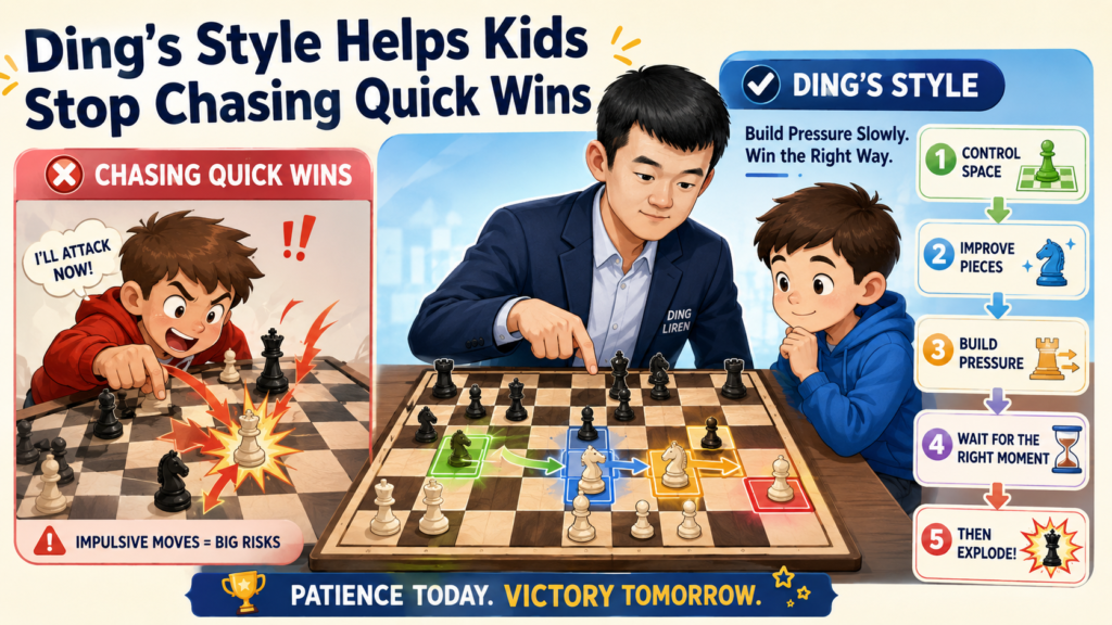 Quick wins feel great, but they can create bad habits. A child who wins only because the opponent missed a trap may think that chess is all about tricks. Then, when they face a careful player, the tricks stop working. Ding’s style offers a better path.