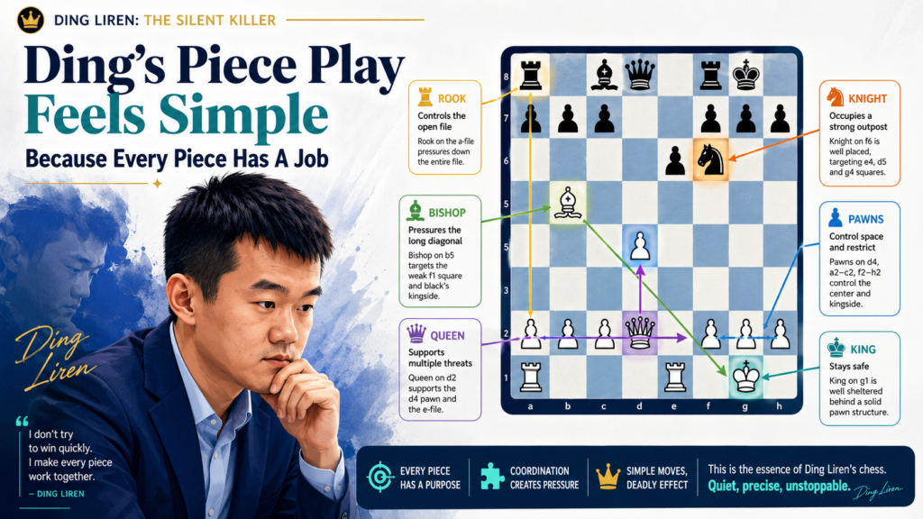 One reason Ding Liren’s chess is so nice to study is that his moves often look easy after you see them. That is not because the moves are easy to find. It is because they are clean. His pieces do not stand around waiting.