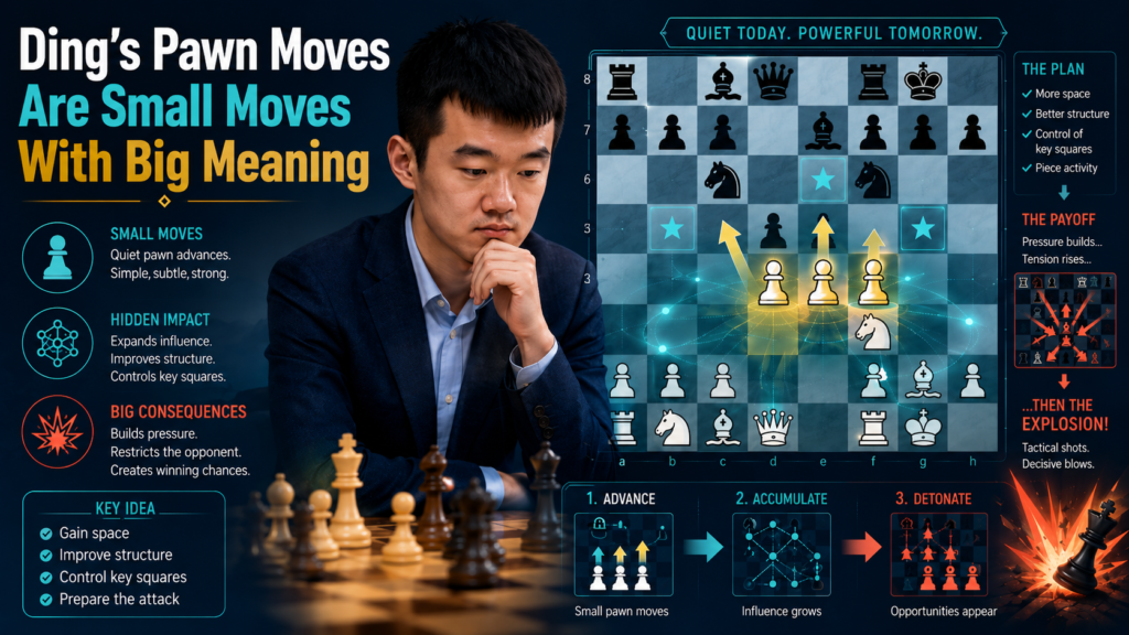 Pawn moves look simple, but they are some of the most serious moves in chess. A piece can move back. A pawn cannot. Once a pawn steps forward, it changes the board forever. Ding Liren understands this deeply.