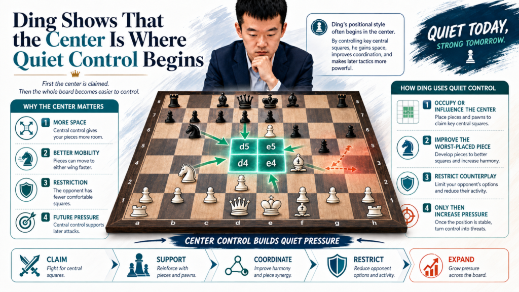 Ding Liren’s calm style often starts with one simple idea: control the center before trying to win on the side. This may sound basic, but it is one of the hardest things for young players to follow during real games.