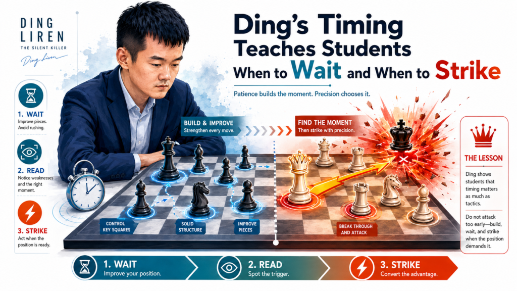 Ding Liren’s chess is calm, but it is not slow for no reason. That is what makes his style so useful to study. He does not wait because he is scared. He waits because the position is not ready yet. Then, when the right moment comes, he moves with force. This is the balance many young players need to learn.