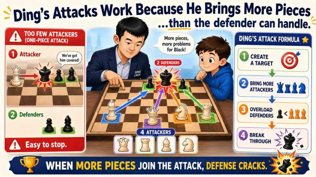 A strong attack is not only about courage. It is about numbers. If one queen attacks the king, the defender may survive. If a queen, rook, bishop, knight, and pawn all join the attack, the position can break fast. Ding Liren understands this very well.