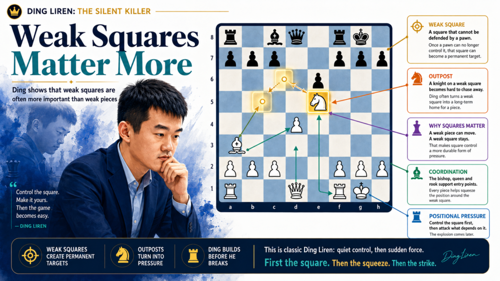 Many beginners look only at pieces and pawns. They ask, “What can I capture?” Stronger players also look at squares. Ding Liren is very good at this. He often plays for weak squares that the opponent cannot protect well. Once he wins control of those squares, his pieces can sit there like strong guards.